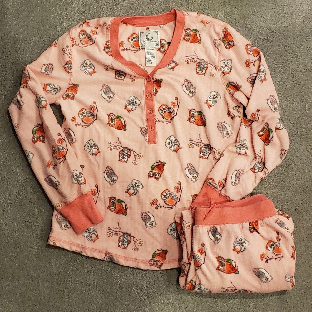 EUC PJ Couture Pink Owl PJ Set Sz L